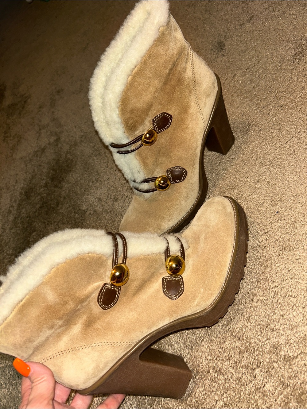 Coach Lenora Tan Suede Shearling-Trim Block Heel Boots - Picture 2 of 10